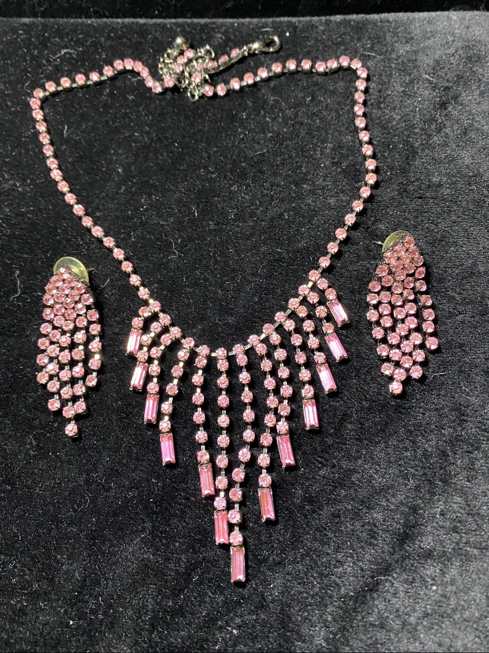 Vintage Pink Rhinestone Fringe Waterfall Round Rectangle Necklace Earring Set